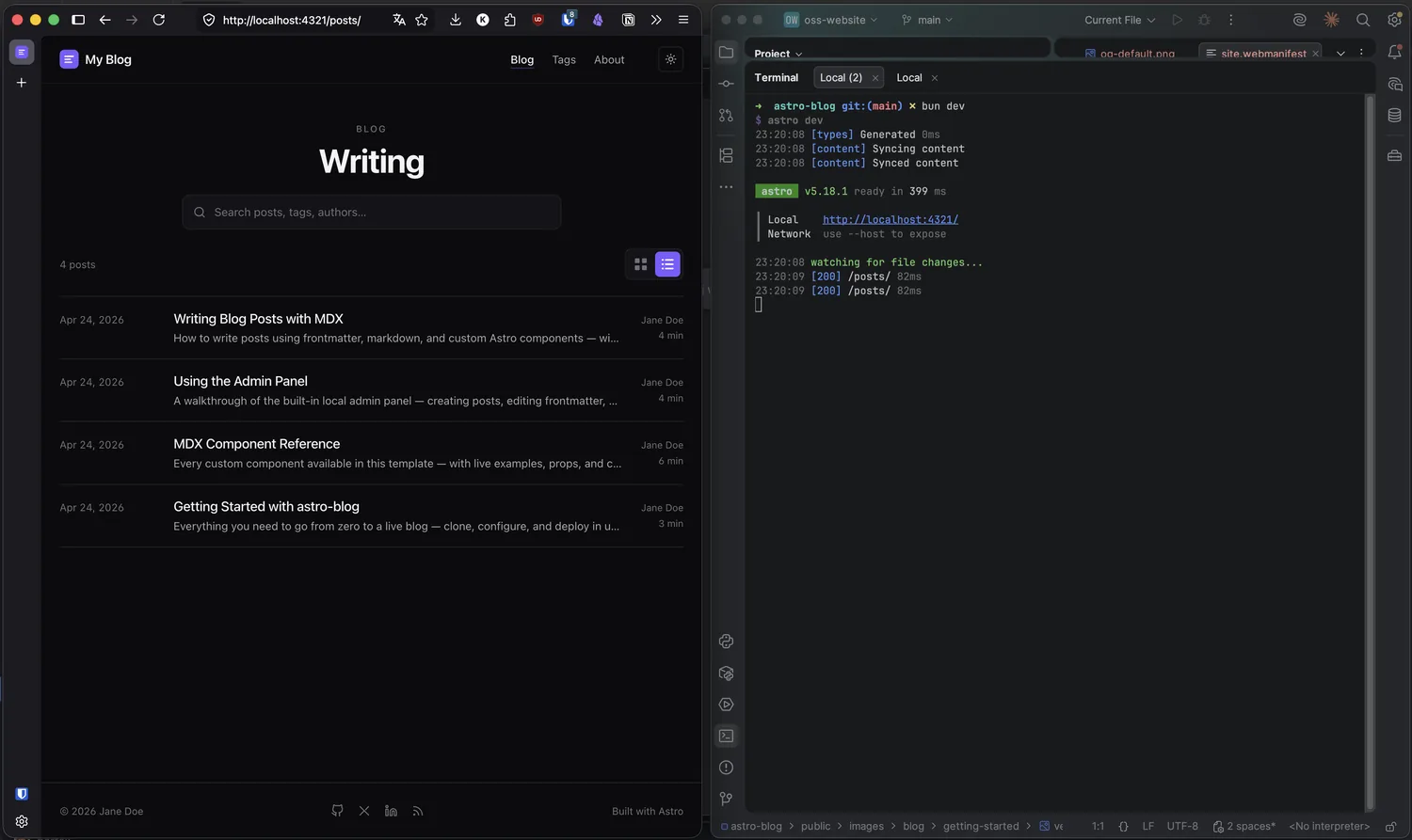 The blog running locally on port 4321