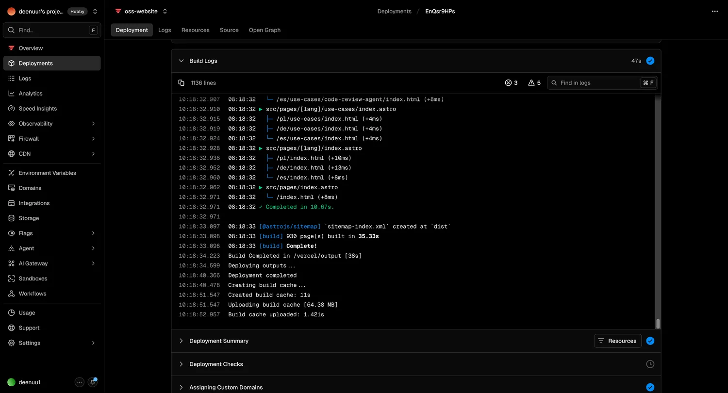 Vercel deployment screen showing Astro detected automatically